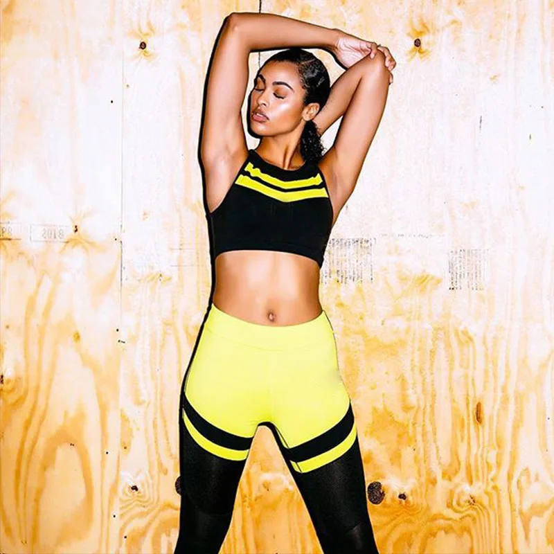 2018 черный желтый Лоскутные цвета женские комплекты костюмы лоскутный спортивный