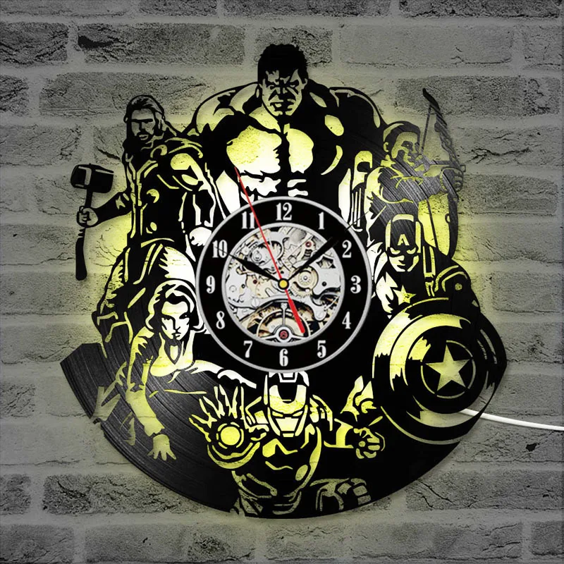 Мстители Виниловая пластинка настенные часы с 7 цветами изменение Marvel Comics светодиодный настенные часы Железный человек и Капитан Америка и Тор Подвесные часы