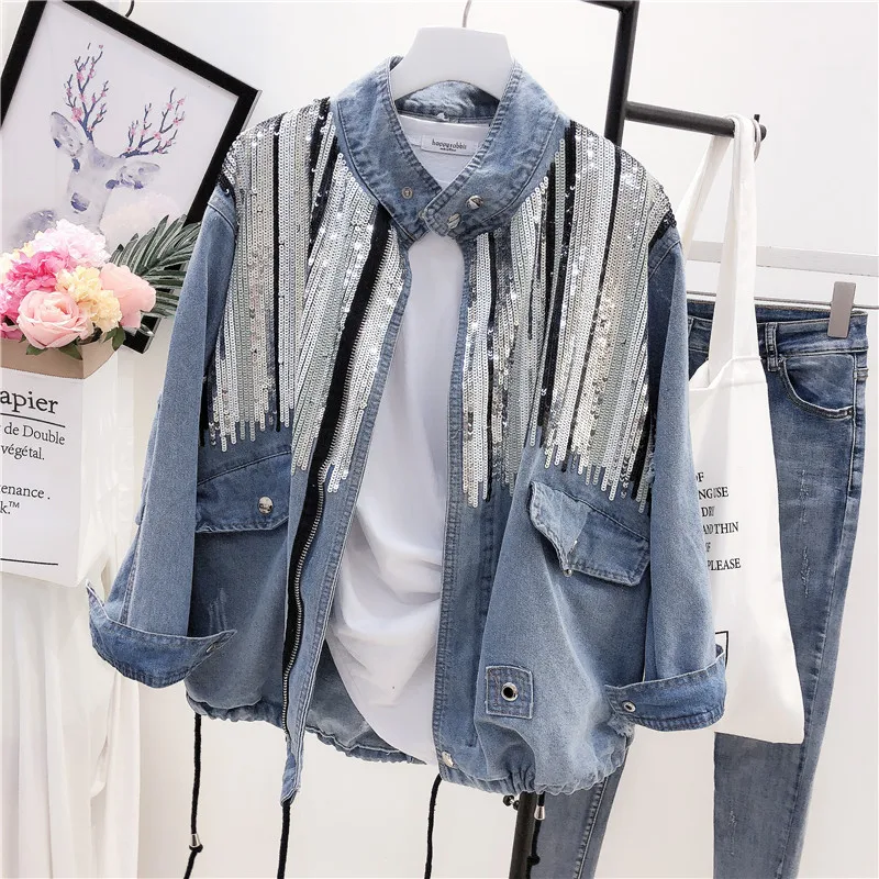 

2021 Sequins Denim Jacket Women Bomber Jacket Fashion Long Sleeves Coats Vintage Hippie Jeans Jacket Colete Feminino B489