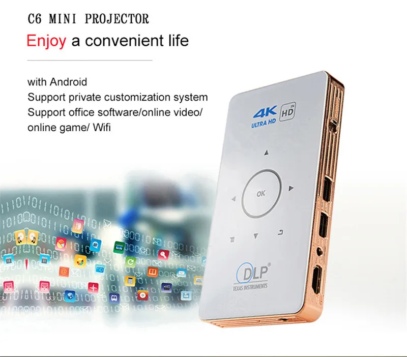 Карманный проектор 4k dlp mini C6 проектор 50 люмен Android 6,0 четырехъядерный двухдиапазонный wifi Bluetooth pico проектор