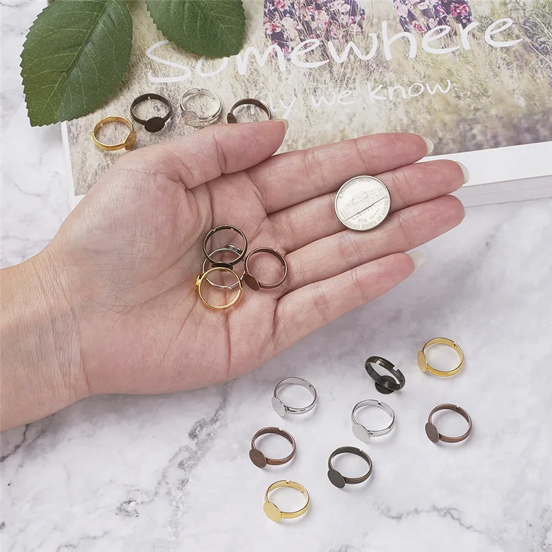 100pcs Brass Adjustable Finger Ring Findings Pad Ring Bases Perfect for Cabochons Making Ring DIY Supplies No Cadmium& No Lead