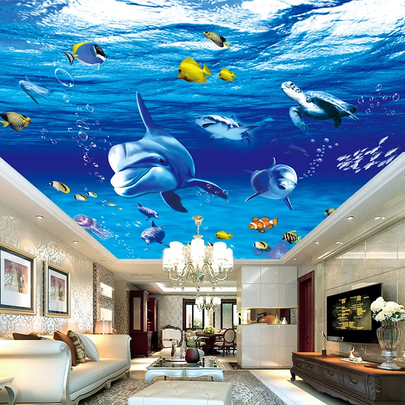 

Papel De Parede 3D Modern Cartoon Underwater World Dolphin Photo Ceiling Mural Wallpaper Living Room Kids Bedroom Ceiling Fresco