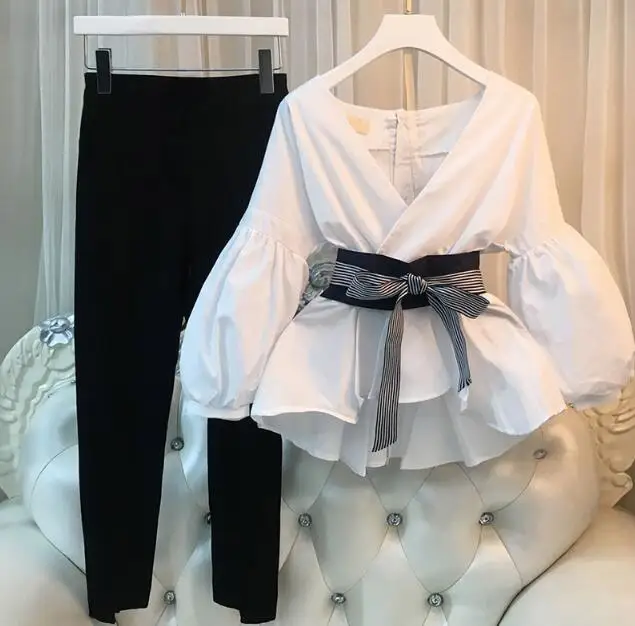 Suit 2 шт. наборы размера плюс женские новые рубашки с рукавами фонариками элегантные женские полосатые брюки костюм топы и брюки-карандаш с разрезом костюм - Цвет: Suit