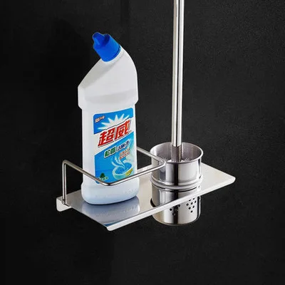 

304 Stainless Steel Silver Toilet Brush with Shelf Wall Mounted Bathroom Mirror Plating Cleaning Brush Set Bathroom Shelf