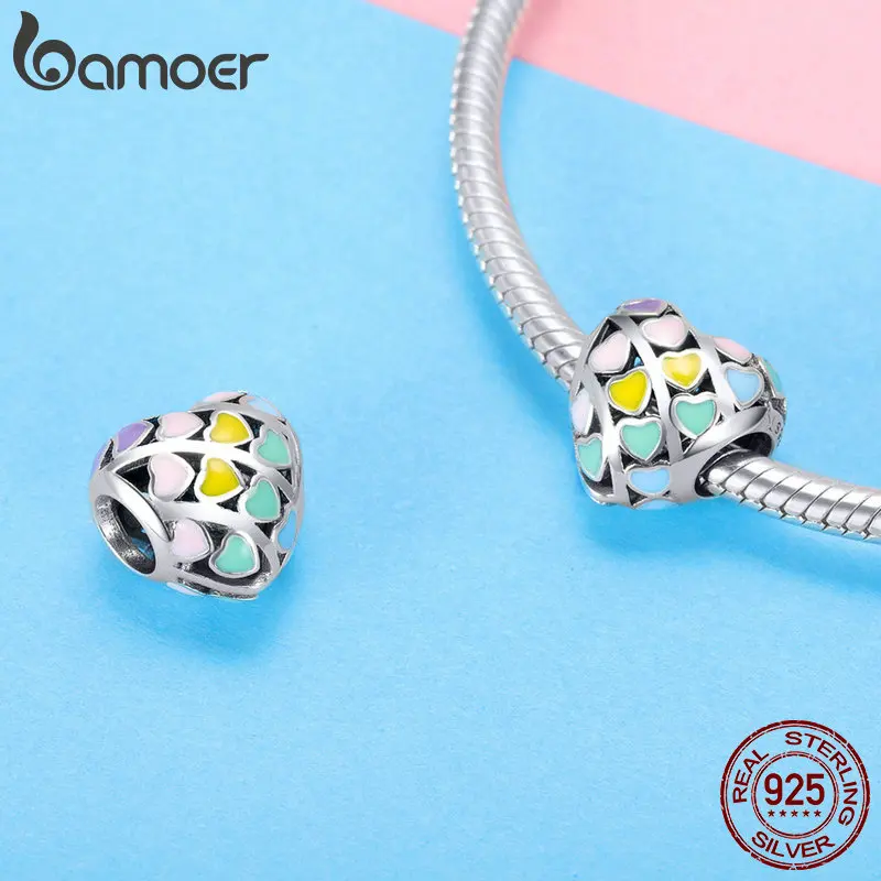 BAMOER, романтические 925 пробы, серебряная Радуга, Сердце, цвет, эмаль, подвески, бусины, подходят для оригинальных браслетов, сделай сам, изготовление ювелирных изделий SCC902