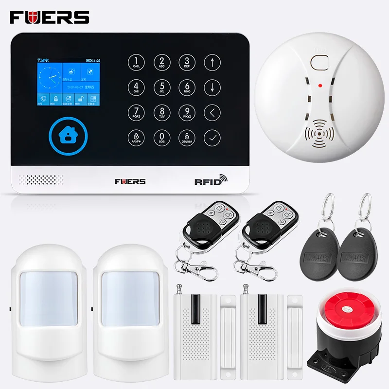 FUERS WG11 GSM беспроводная домашняя охранная сигнализация приложение управление сирена детектор движения датчик дыма 9 язык переключаемый - Цвет: Kit 3