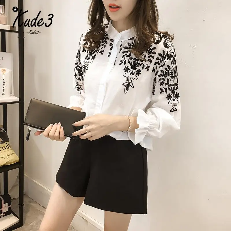 2018 модная женская одежда вышивка блузка рубашка хлопок корейский цветок вышитые