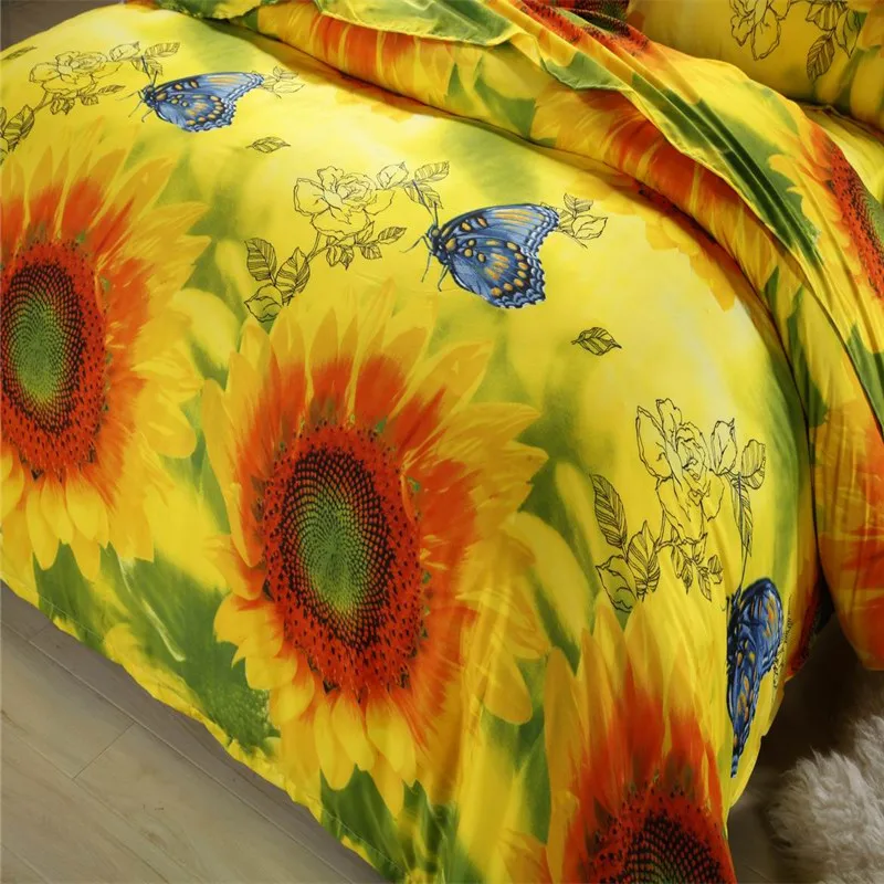 Mingjie Sunflower and Butterfly Yellow 3D Bedding Sets Queen Size Bed Linen Luxury Include Duvet Cover Sheet Pillowcase | Дом и сад
