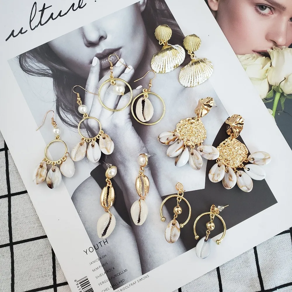 Женские серьги подвески в виде ракушек золотистого цвета|Серьги-подвески| |