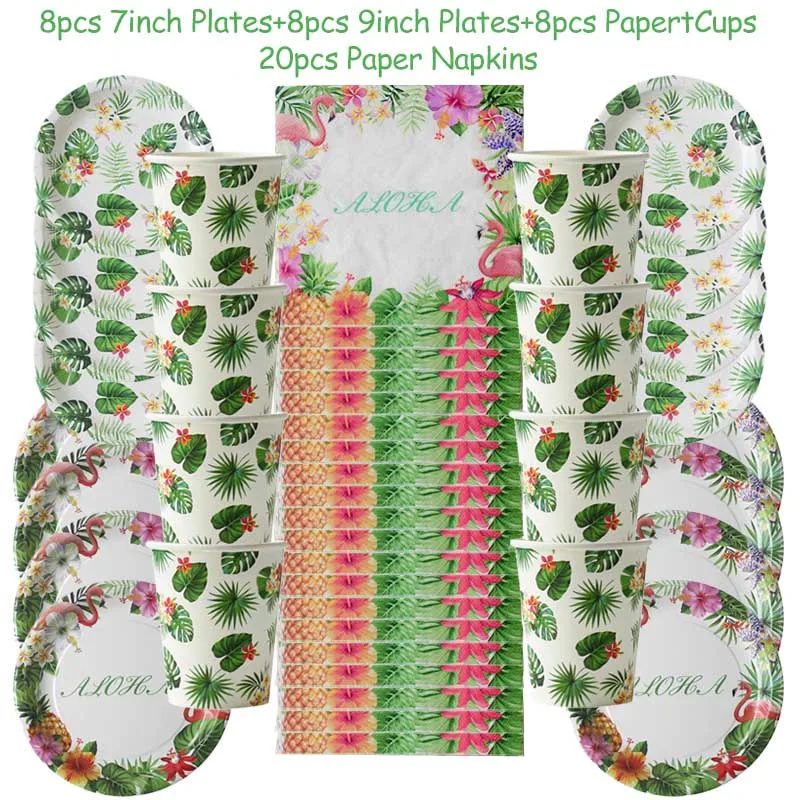 44/69pcs Summer Tropical Party Aloha Theme Decoration Green Palm Flamingo Disposable Tableware Wedding Birthday Party Supplies
