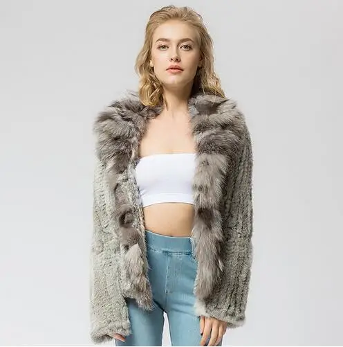 NATURAL GREY Вязаное пальто из натурального кроличьего меха, пальто, куртка с воротником из лисьего меха, Русская женская зимняя теплая натуральная меховая шуба - Цвет: NATURAL GREY