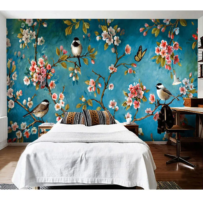 Custom Wall Cloth European Style Flowers Birds Oil Painting Wallpaper Living Room Bedroom Background Covering 3D Home Decor |