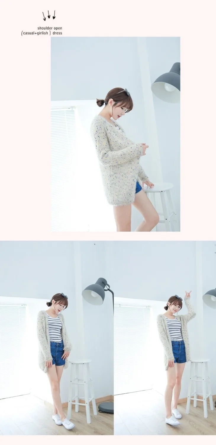 

new Women Casual Simple contrast color wave point Long mohair cardigan sweater