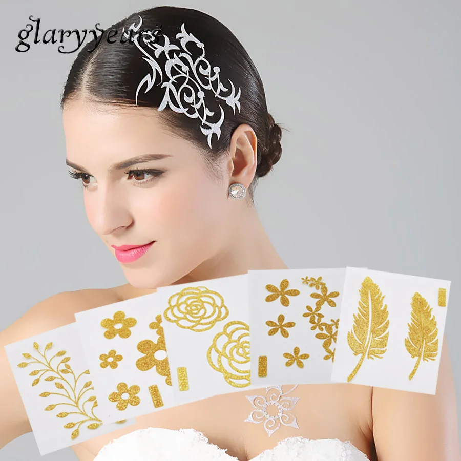 1 лист шикарная блестящая татуировка для волос металлический золотой цветочный