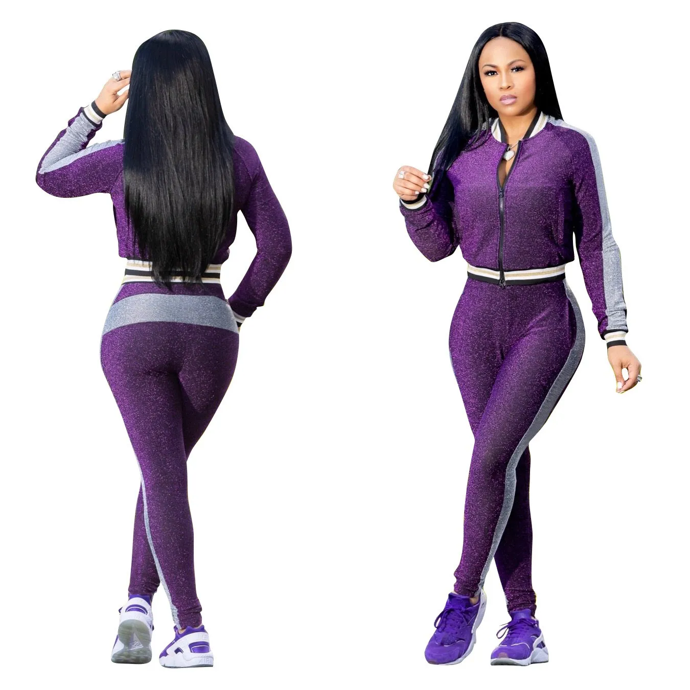 

Sexy Shiny Tops And Side Stripe Pants Tracksuit Short Front Zipper Long Sleeve Coat Pocket Bodycon High Waist Pants 3 Piece Set