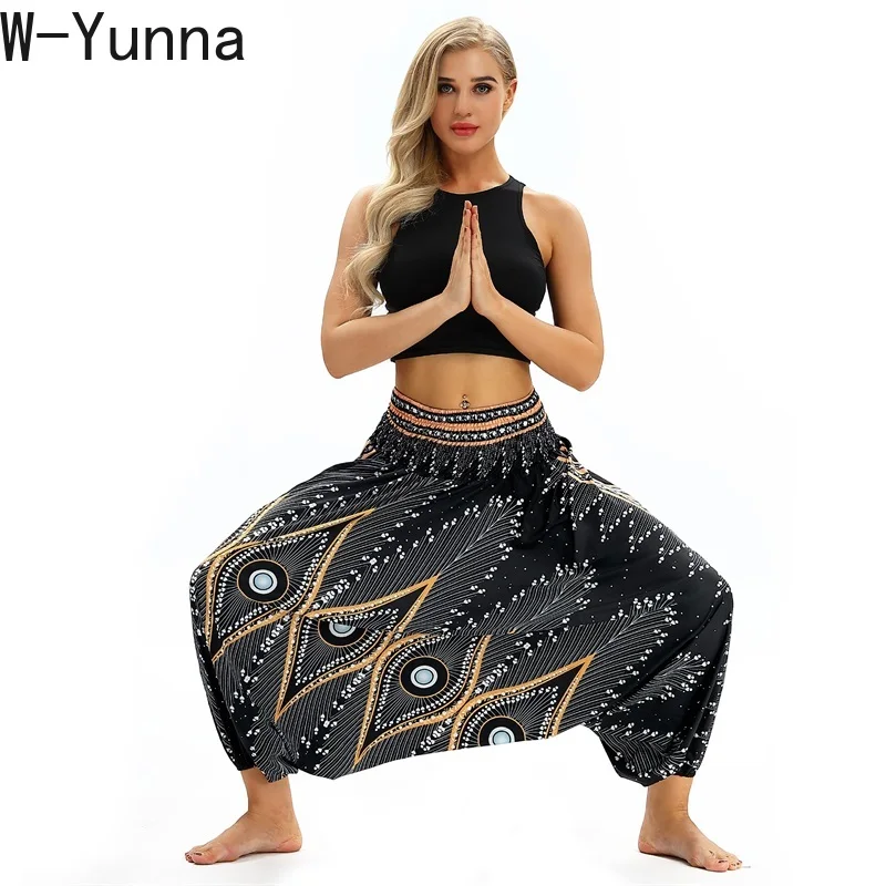 W Yunna женские пляжные брюки Boho Gypsy хиппи широкие шаровары с принтом перьев павлина