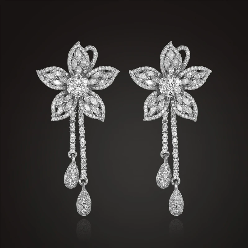 Lanyika Jewelry Luxury Bridal Flower Tassel Stud Earrings Zircon Full Micro Plated for Woman Girl Party Popular Best Gifts | Украшения и