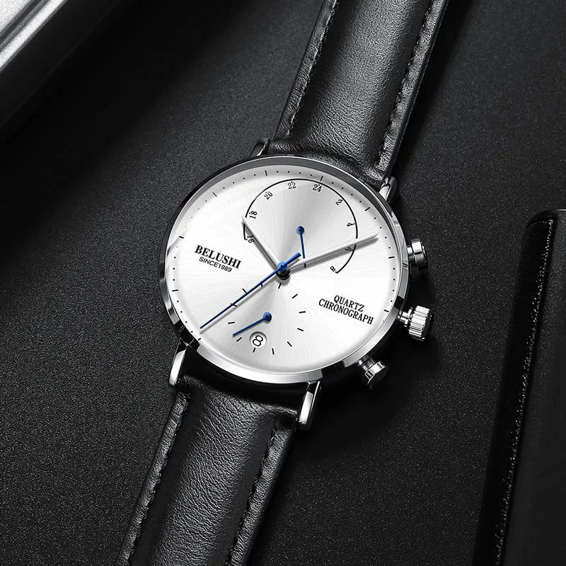 silver white leather Мужские деловые наручные часы, мужские часы с хронографом, роскошные Брендовые мужские часы, кварцевые наручные часы, мужские наручные часы - Color: silver white leather