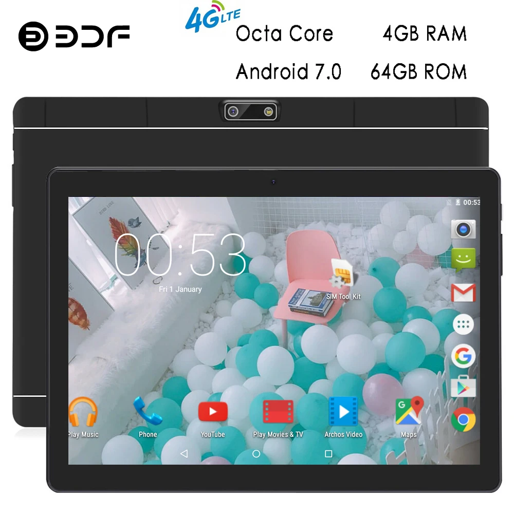 BDF планшетный ПК 10 дюймов планшет 4 ГБ/64 ГБ Android 7,0 планшетофон(плафон) планшетный ПК Octa 8 Core 1280*800 HD Tab Wi-Fi Bluetooth 2 сим-картами 4G планшет 10,1