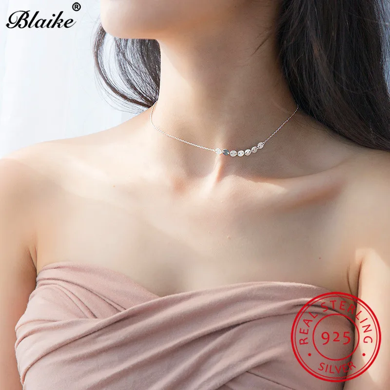 Blaike минималистичные 925 пробы серебряные маленькие круглые короткие цепочки на ключицы ожерелье s для женщин блестящее ожерелье пляжное ювелирное изделие