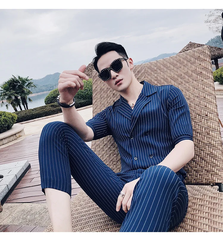 Двубортный костюм; летний костюм; Mariage Homme; цвет черный, белый, серый, синий; костюм в полоску; Uomo Trajes De Hombre