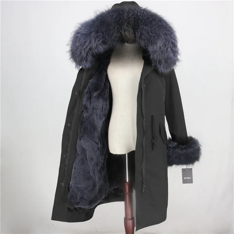 black grey OFTBUY, водонепроницаемая верхняя одежда, удлиненная парка, зимняя куртка для женщин, натуральный мех енота, капюшон, пальто из натурального кроличьего меха, теплая уличная одежда, новинка - Цвет: black grey