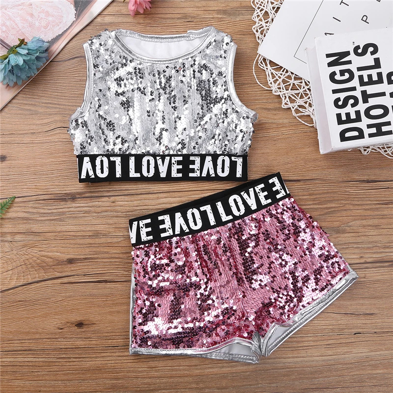 Детский топ без рукавов с блестками для девочек розовый серебристый шортами
