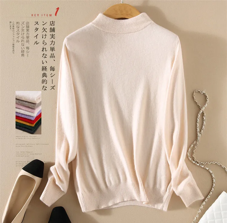 

2021 Hot Sales Women's Knitted Cashmere Blended Half high collar Mandarin Sweater Women Winter Pullover Free Shipping Z066