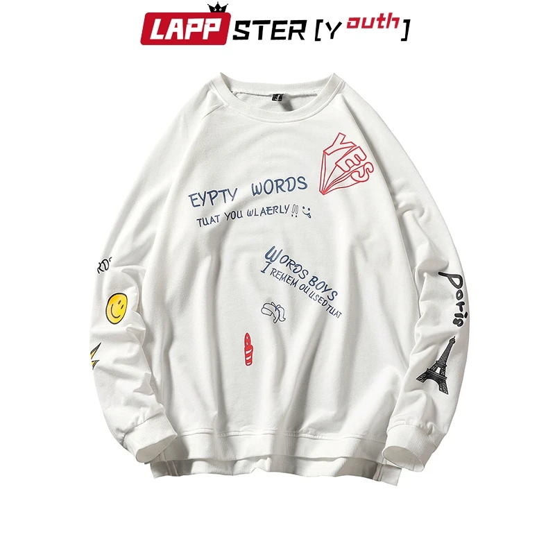 

LAPPSTER Men Funny Japanese Sweatshirts Streetwear 2022 Hip Hop O-Neck Hoodies Fashions Autumn Print White Hoodie Plus Size INS