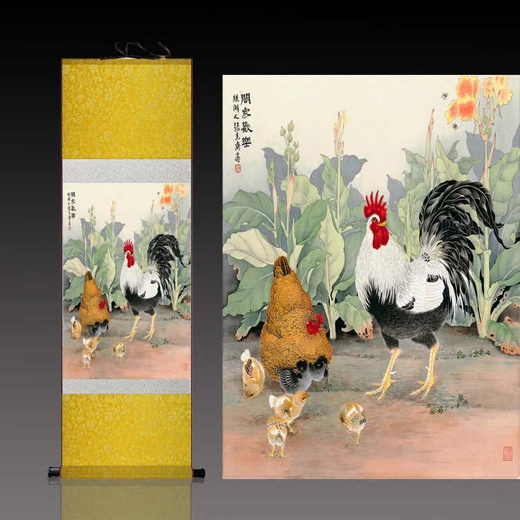 Семейные счастливые картины с курами, шелковая каллиграфия, великое богатство, удача, домашнее украшение, висячие картины.