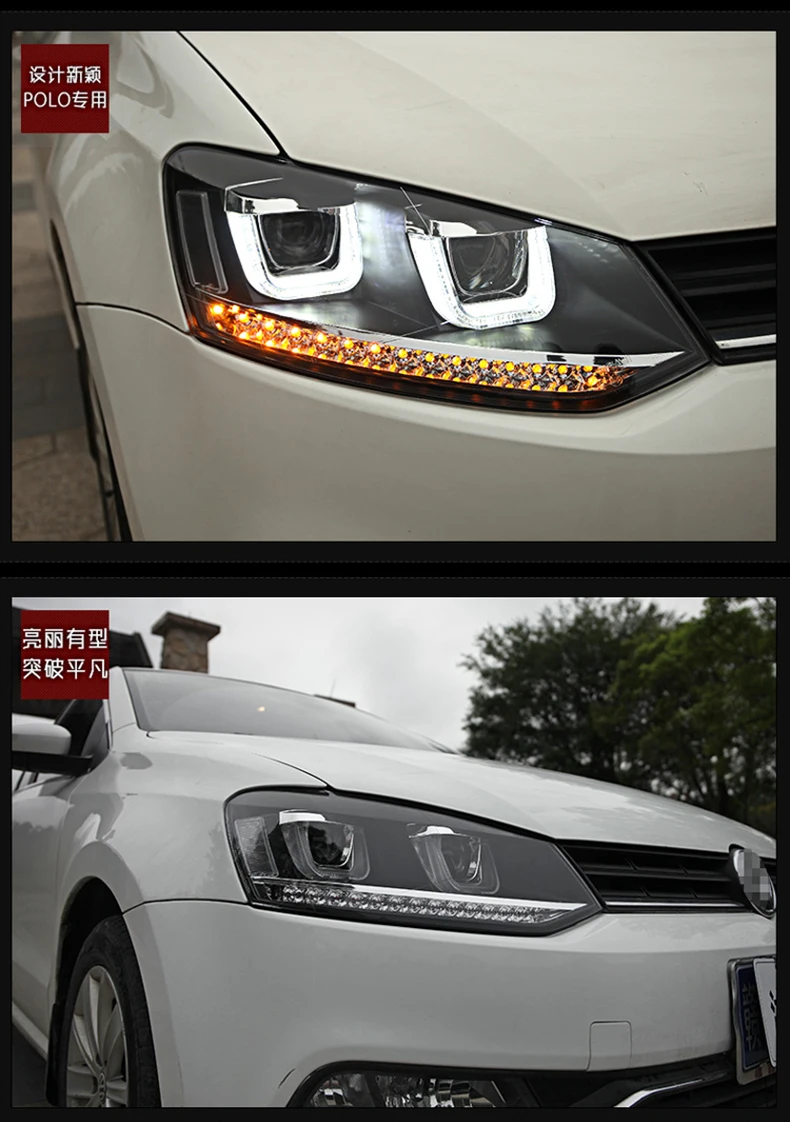 Автомобильный Стильный чехол на головную лампу для VW Polo, головной светильник s 2010- U, ангельские глазки, дневной ходовой светильник, плавный сигнал поворота, головной светильник