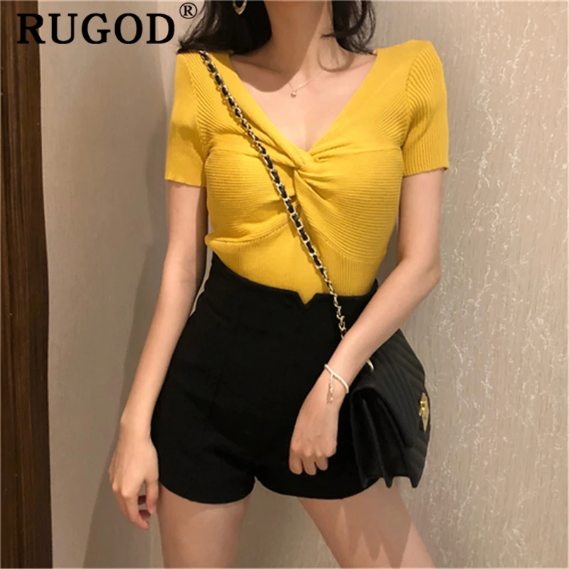 Женская трикотажная блузка RUGOD Корейская однотонная с коротким рукавом и v