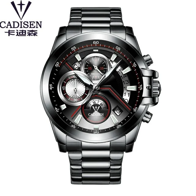Steel black CADISEN, мужские часы, Топ бренд, Роскошные, военные, армейские, спортивные, повседневные, водонепроницаемые, мужские часы, кварцевые, нержавеющая сталь, наручные часы - Цвет: Steel black