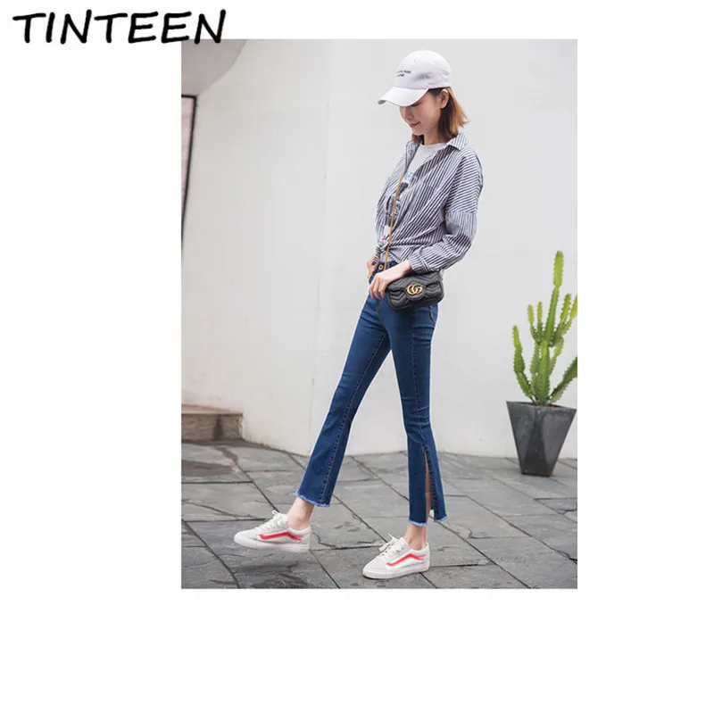 TINTEEN 2019 Сторона Сплит micro брюки женские джинсы дикий 9 штанов стрейч тонкий