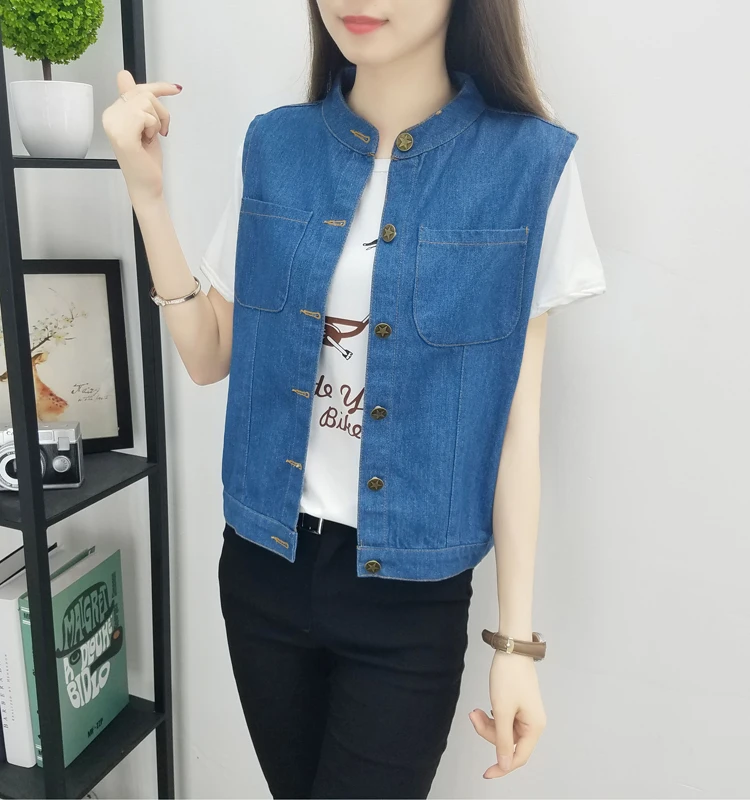Large Size Bust 5XL Women's Jeans Vest Summer Thin Pure Blue Pocket Jacket Cardigan Sleeveless Female O-Neck Button Waistcoat