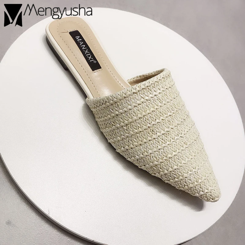 Летние женские шлепанцы с плетением корейские Мокасины острым носком на плоской