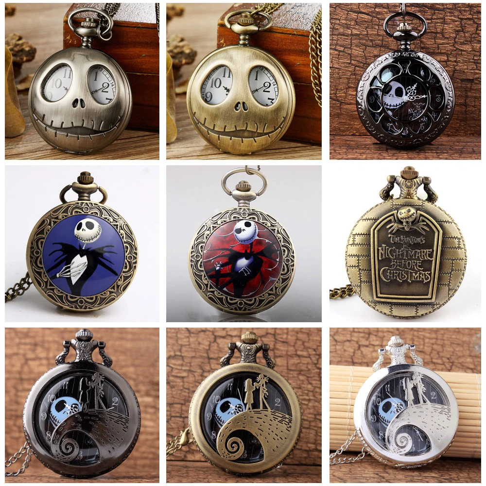

Tim Burton The Nightmare Before Christmas Quartz Pocket Watch Jack Skellington Bronze Pendant Necklace Flip Clock for Men Women