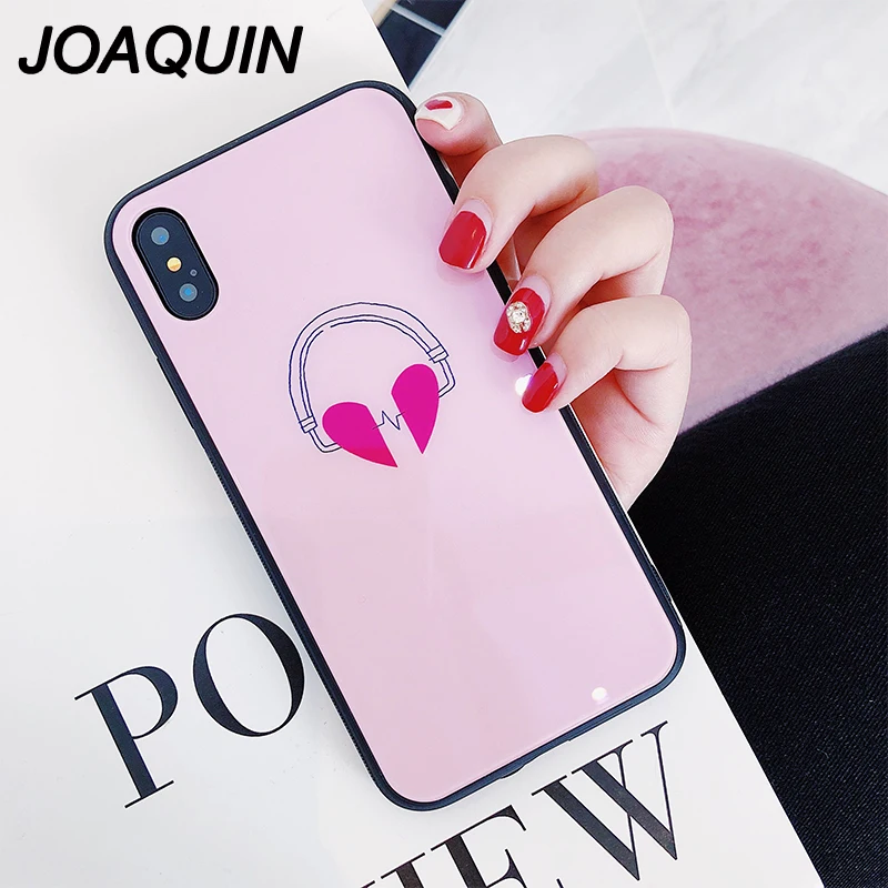 Headset Tempered Glass Case For iPhone X Lovely Heart Hard Back Cover Soft Silicone Bumper 7 6S 8 Plus 6 Cases |