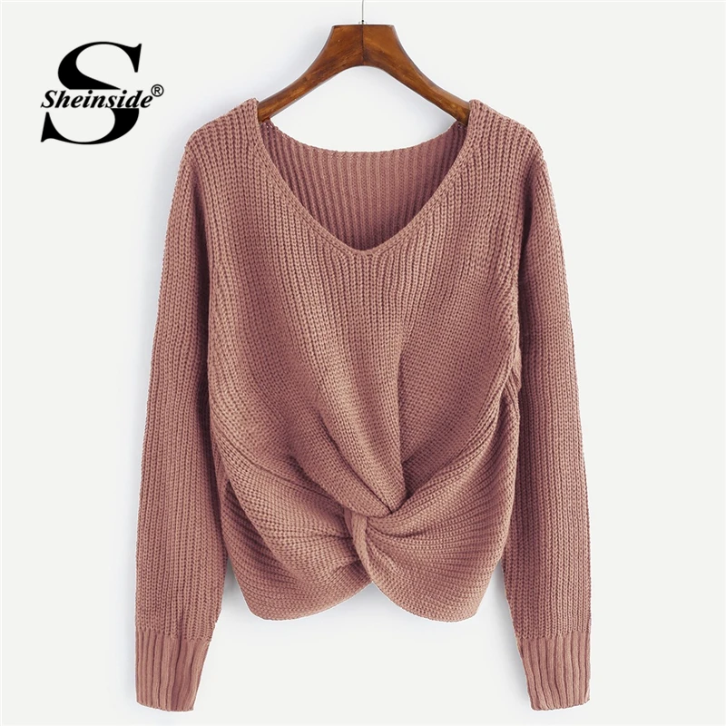 Sheinside, розовый, v-образный вырез, крученый спереди, массивный свитер, повседневный пуловер, женские свитера,, Осень-зима, топы для женщин, вязаный свитер