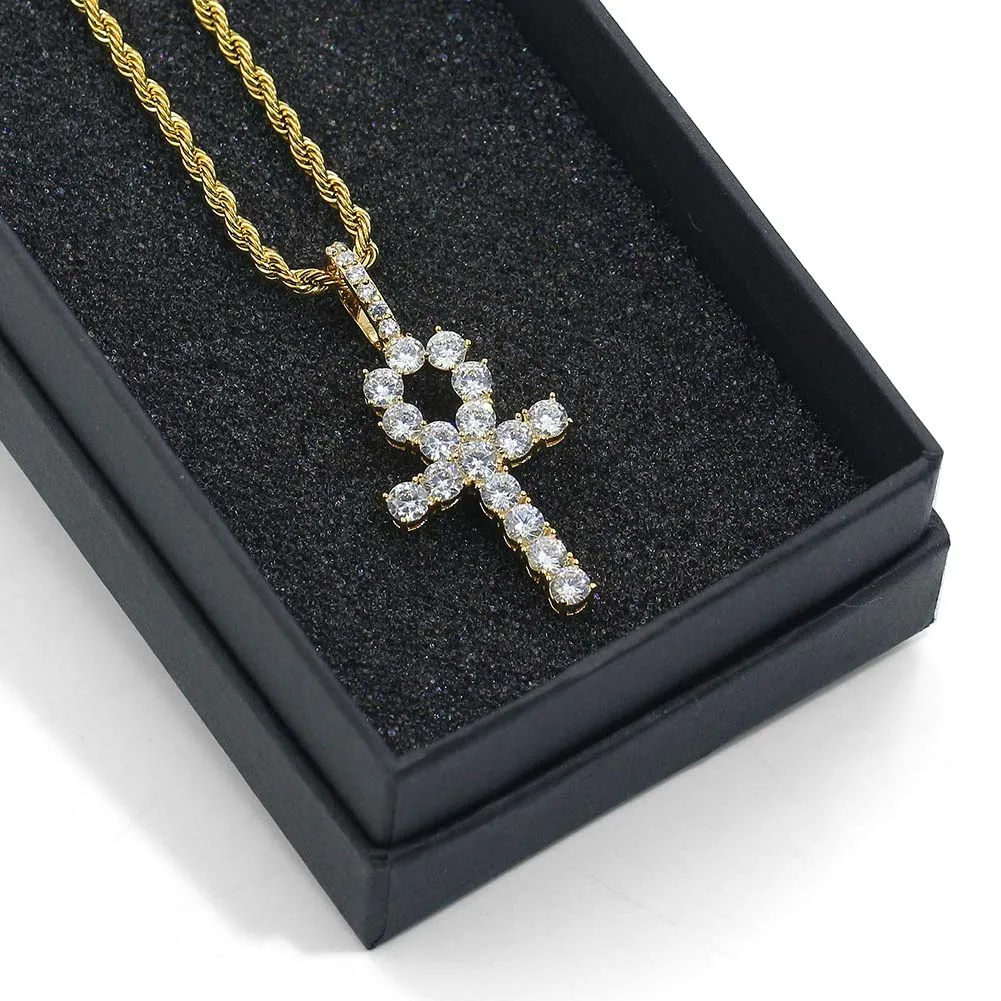TOPGRILLZ Iced Zircon Ankh Cross Necklace Set Bling CZ Egypt Cross Necklace 20" 24" Hip Hop Jewelry