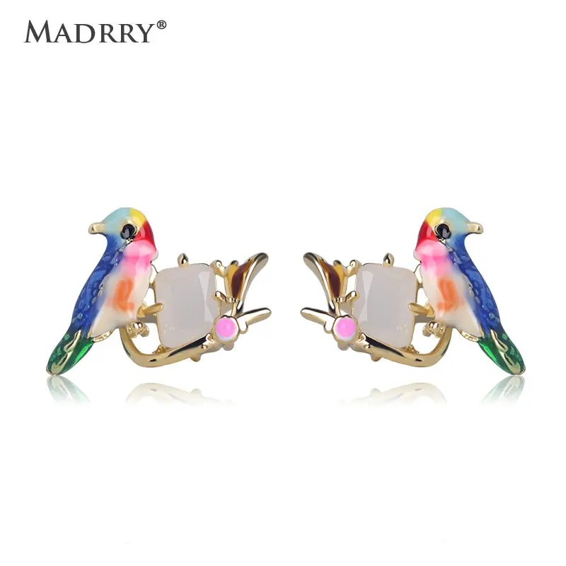 Madrry, глазурные серьги-гвоздики с птицами, эмалированные серьги-гвоздики Lucite для женщин, модные вечерние ювелирные изделия для ушей, серьги с белым опалом и драгоценным камнем в виде животных - Окраска металла: Colorful