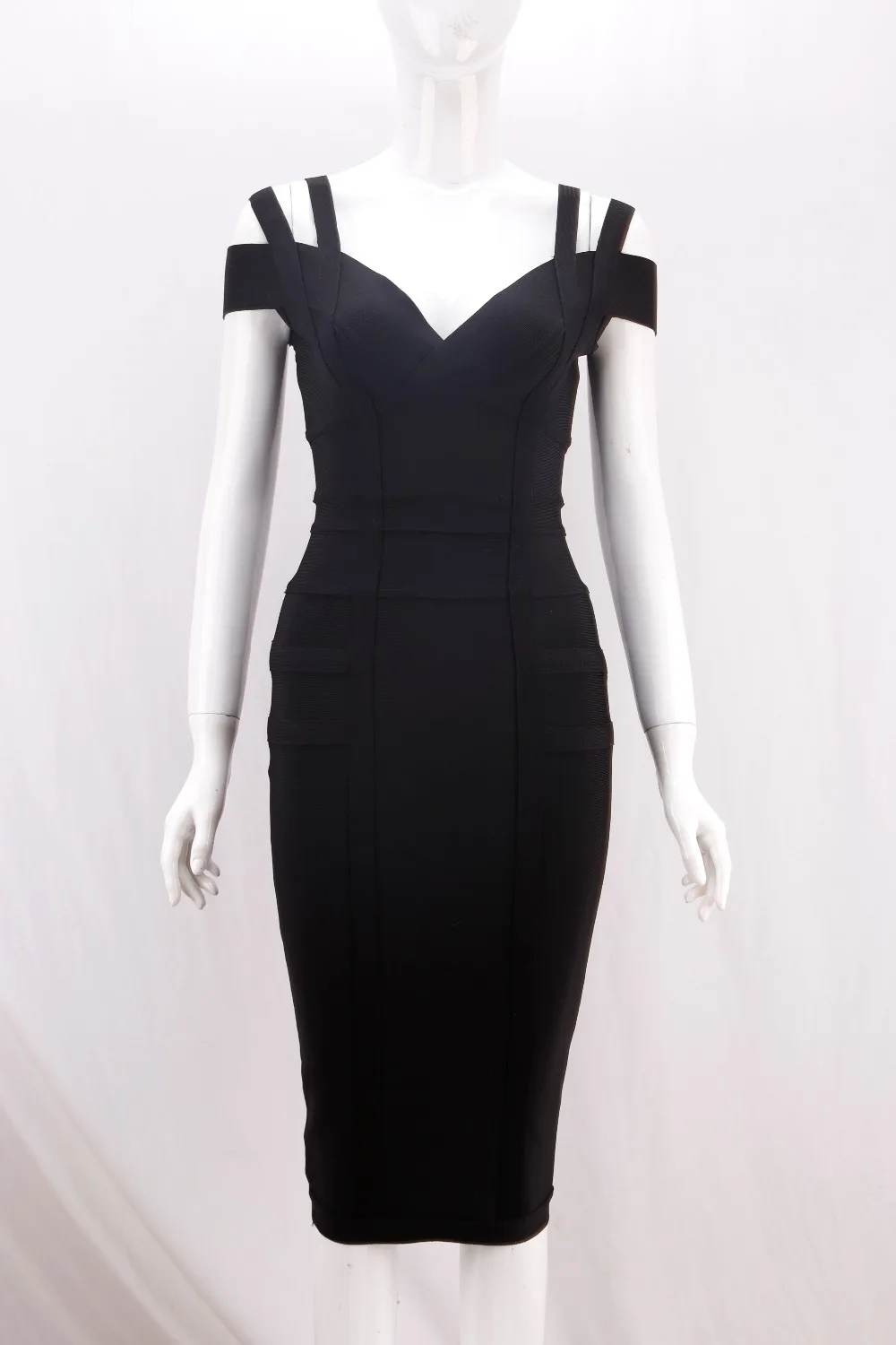

Black Color Ladies HL Bandage Dress Sexy V-Neck Bodycon Knee Length Dress Celebrity Fashion Dress