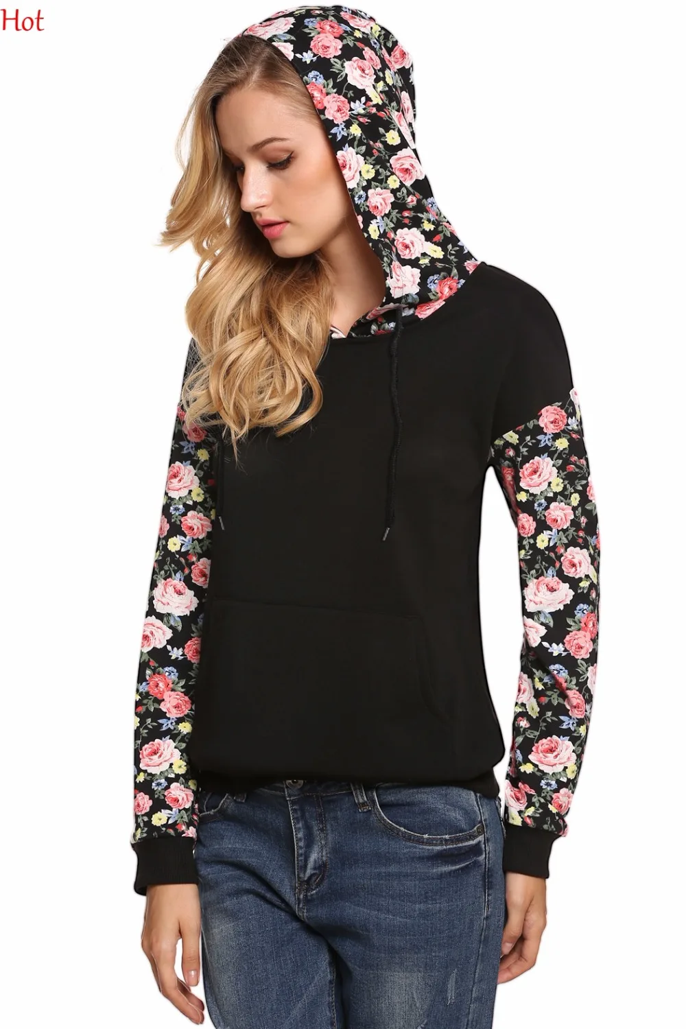 Модные осенние толстовки женские повседневные Лоскутные с цветочным принтом