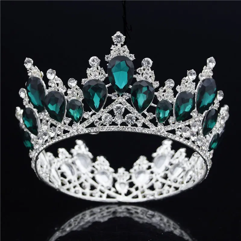 Silver Green Потрясающая Серебряная кристальная полная круглая Корона невесты, роскошная свадебная диадема, корона для невесты, ювелирные украшения для волос, аксессуары - Окраска металла: Silver Green