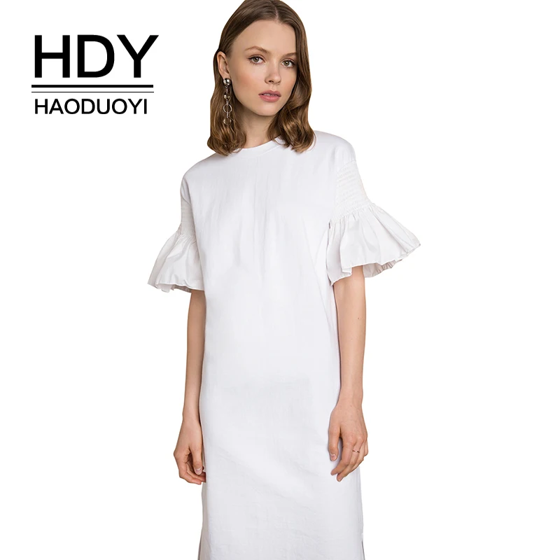 Женское платье с рукавами фонариками HDY Haoduoyi однотонное белое Повседневное