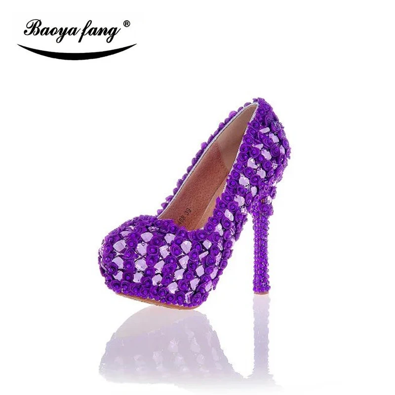 

Свадебные туфли с фиолетовыми цветами и кристаллами, женские туфли на высоком каблуке и платформе, вечерние классические туфли из натуральной кожи со стельками, женская обувь