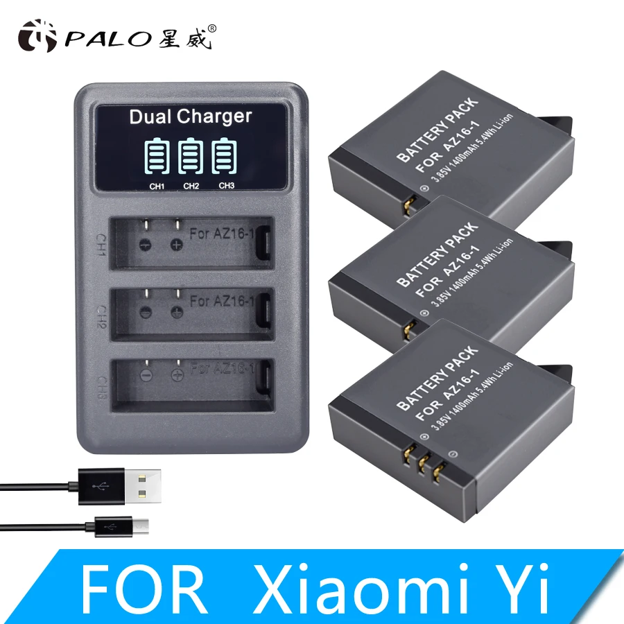 

Батарея камеры 3Pcs 3.85B AZ16-1 Xiaomi YI lite 2 4K 4k + зарядным устройством LED USB 3 Slots
