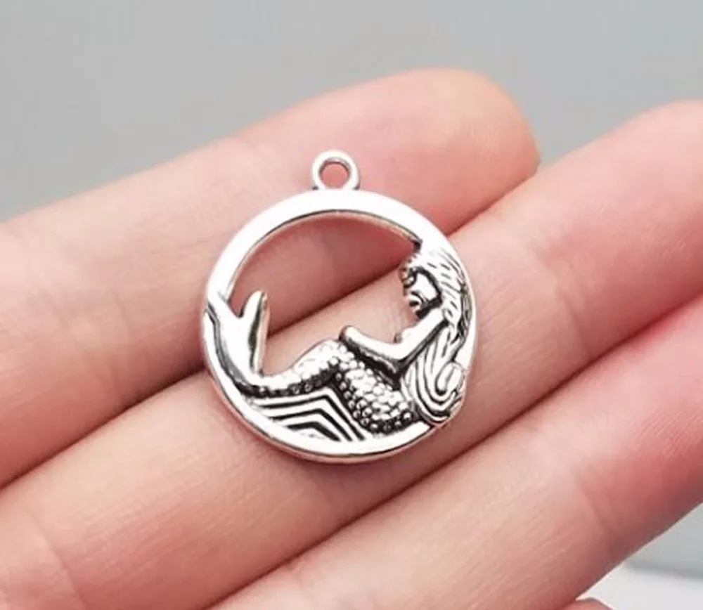 15 шт./лот 23 мм антикварные посеребренные круглые подвески в виде русалки товары