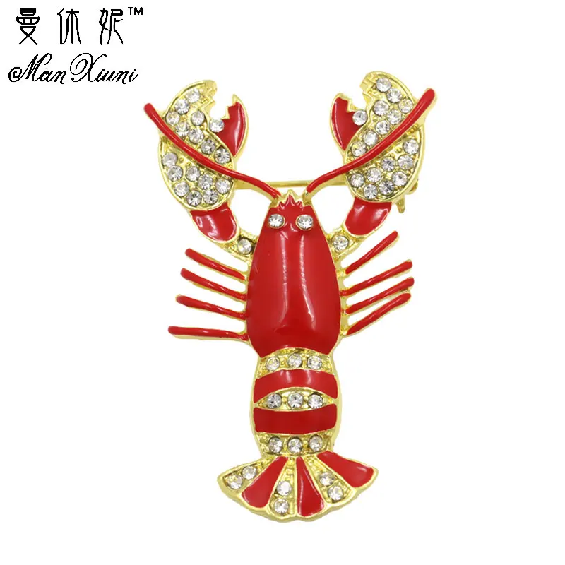 Женская Брошь с эмалью Лобстер большая красная раковая брошь кристаллами