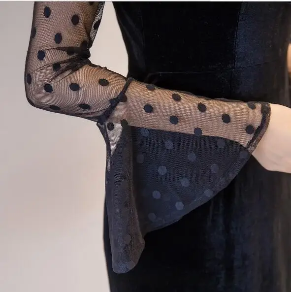 Really velvet strapless sexy dress mesh stitching temperament retro black autumn female S-2XL | Женская одежда